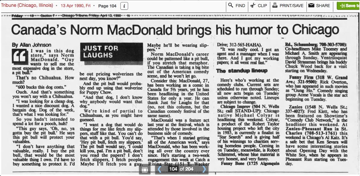 Newspaper clipping featuring Norm Macdonald from April 13, 1990.