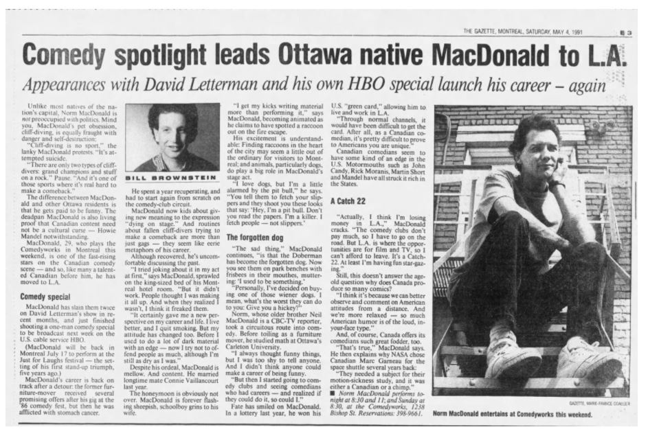 Newspaper clipping featuring Norm Macdonald from May 4, 1991.