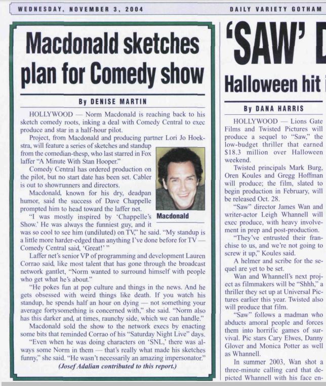Daily Variety article about Norm Macdonald's Comedy Central pilot.
